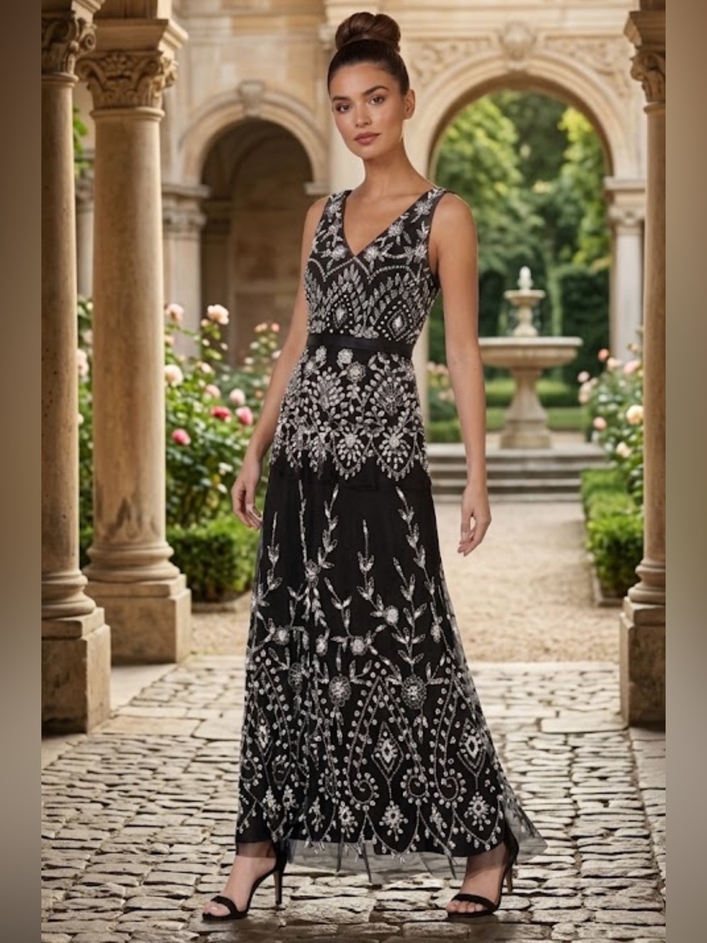 Adrianna Papell Black & White shutters Embroidered V‑Neck sleeveless Maxi Dress